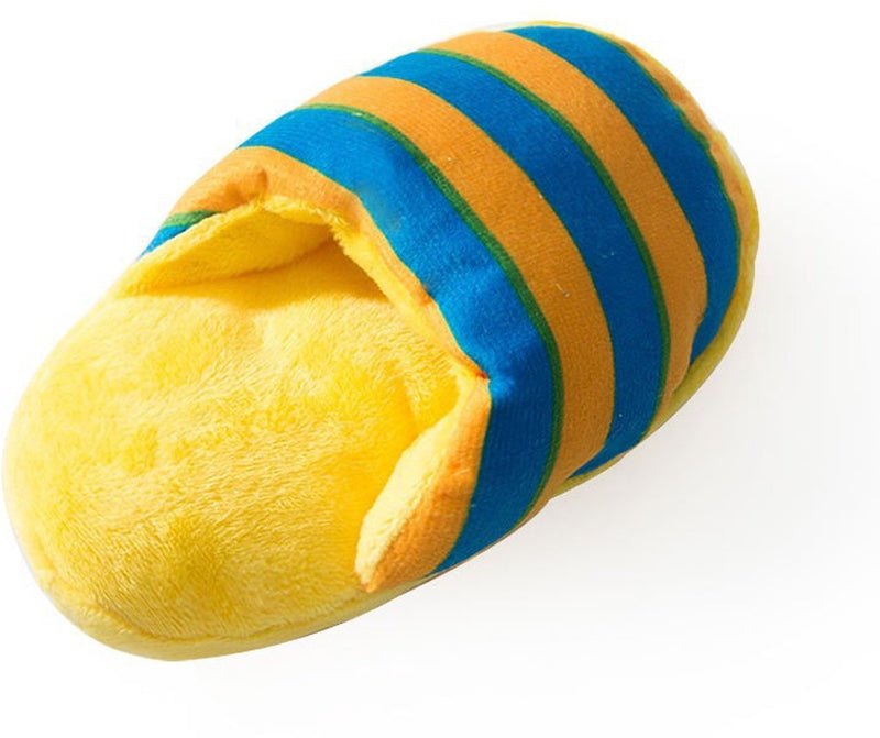 Dog Interactive Cuddly Toy - Slipper Shape - Yellow and Blue Stripes