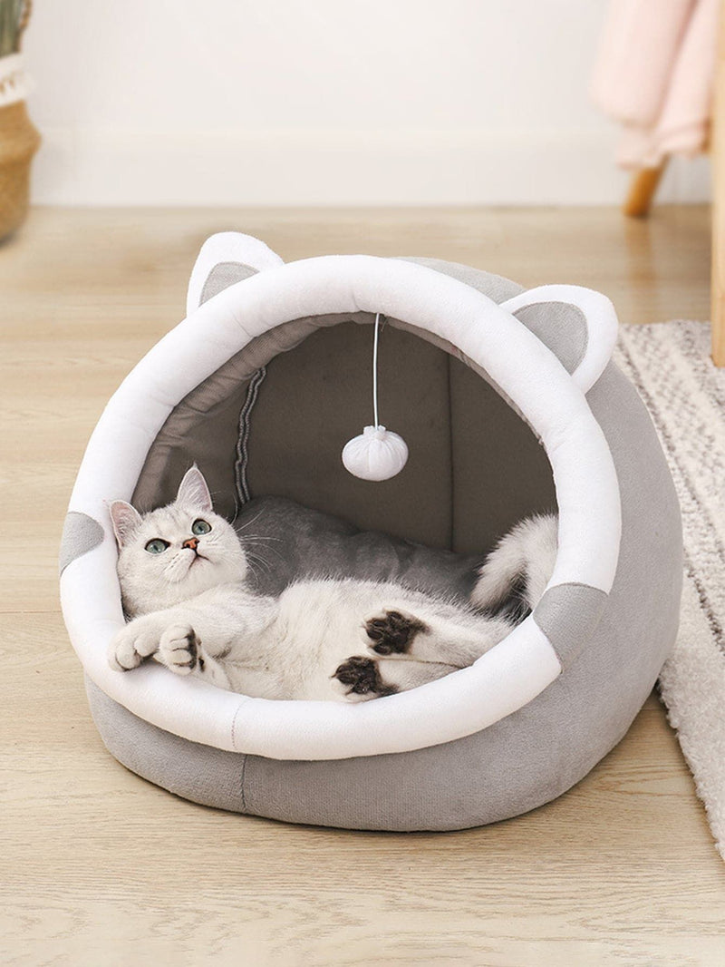 Grey Half-Enclosed Cat Bed