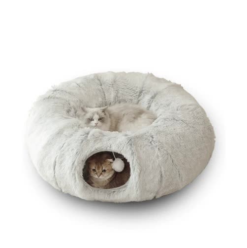 Grey Luxury Plush Cat Bed with Hidden Tunnel