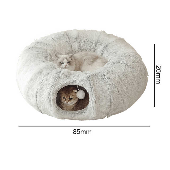 Grey Luxury Plush Cat Bed with Hidden Tunnel