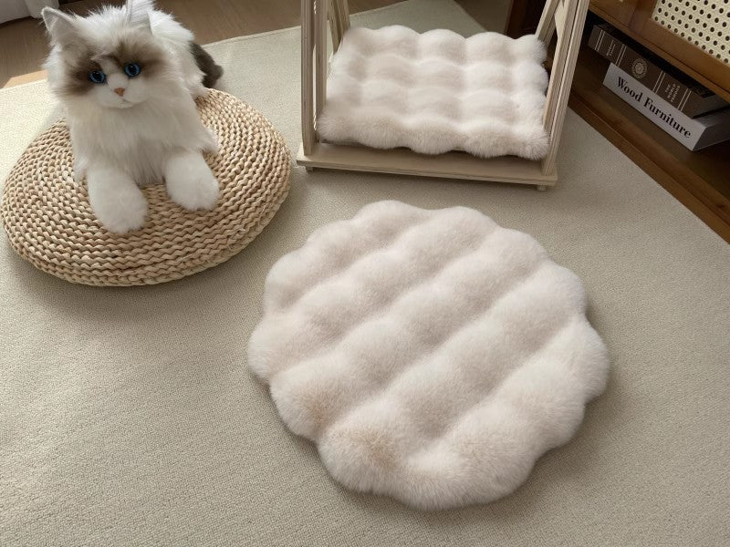 Beige Plush Round Cat Mat