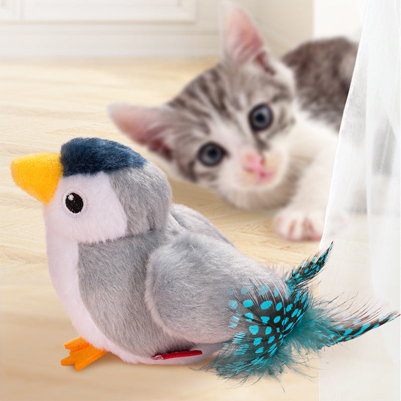 Interactive Plush Lifelike Chirping Bird Cat Toy - Blue Gray