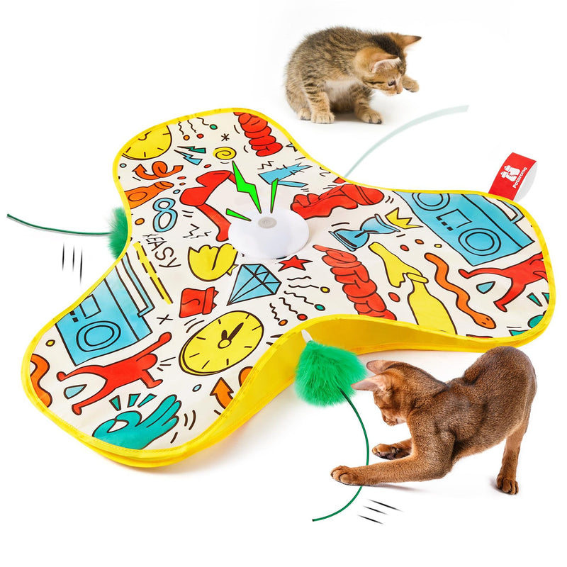 Yellow Interactive Cat Toys Rechargeable, Moving Concealed Feathers, Real Mouse Squeaky, Touch Activated Cat Kitten