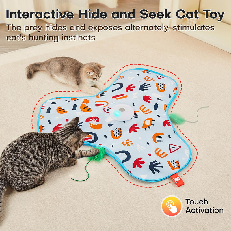 Blue Interactive Cat Toys Rechargeable, Moving Concealed Feathers, Real Mouse Squeaky, Touch Activated Cat Kitten Toy