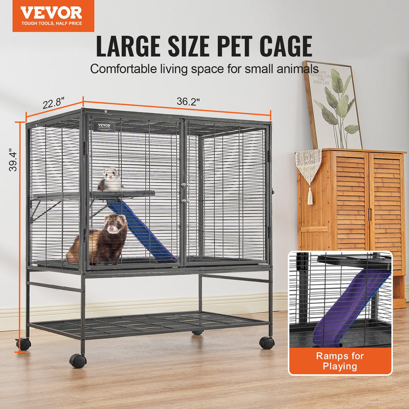 VEVOR 39" 2-Tier Metal Rolling Ferret Cage with Tray and Ramp